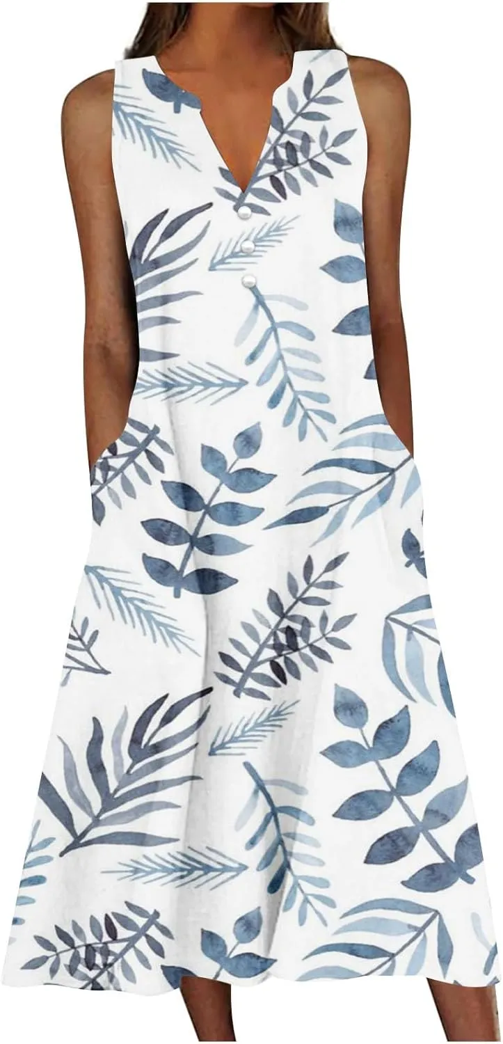 Womens Summer Design Casual Dress Fashion Floral Printed Sleeveless Button V-Neck 2025 Dress Long Dress with Pockets