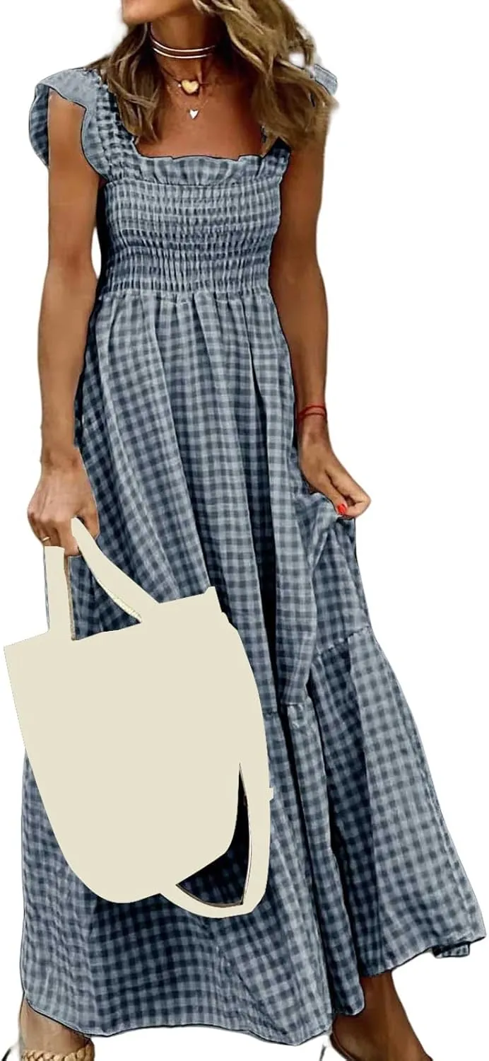 Womens Summer Dresses Casual Retro Plaid Smocked Dress Ruffled Spaghetti Strap Maxi Dress Flowy A Line Beach Dresses