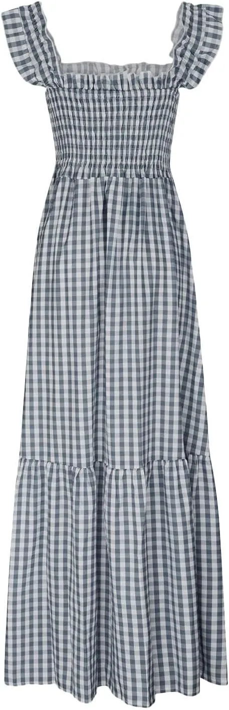 Womens Summer Dresses Casual Retro Plaid Smocked Dress Ruffled Spaghetti Strap Maxi Dress Flowy A Line Beach Dresses