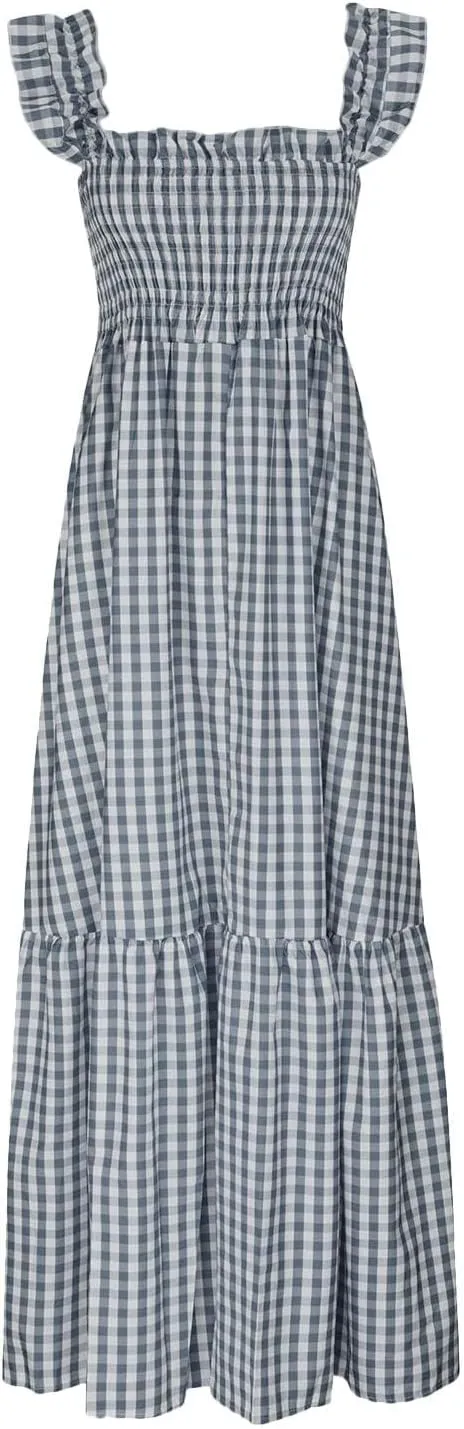 Womens Summer Dresses Casual Retro Plaid Smocked Dress Ruffled Spaghetti Strap Maxi Dress Flowy A Line Beach Dresses