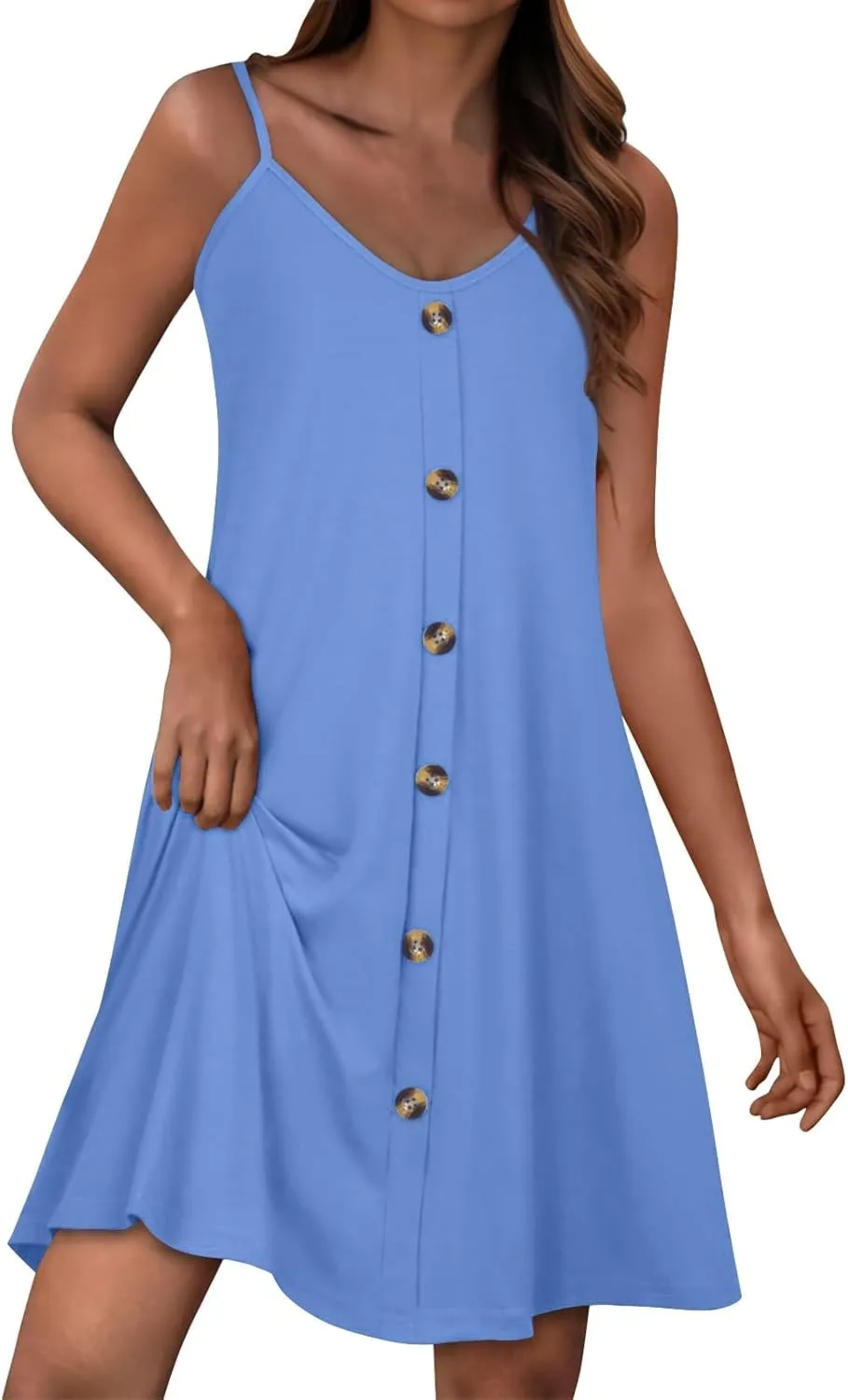 Womens Summer Dresses Spaghetti Strap Button Down Casual Sleeveless Sundress Boho V Neck Beach Dress with Pockets
