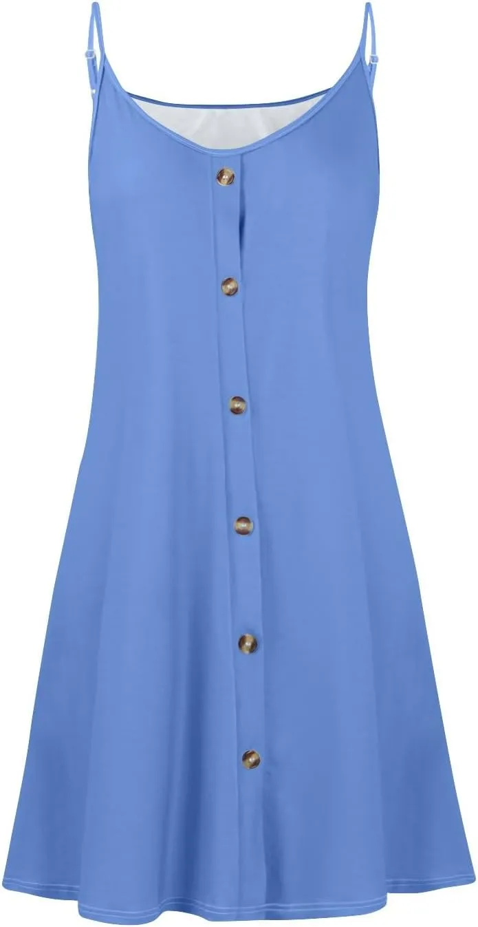 Womens Summer Dresses Spaghetti Strap Button Down Casual Sleeveless Sundress Boho V Neck Beach Dress with Pockets