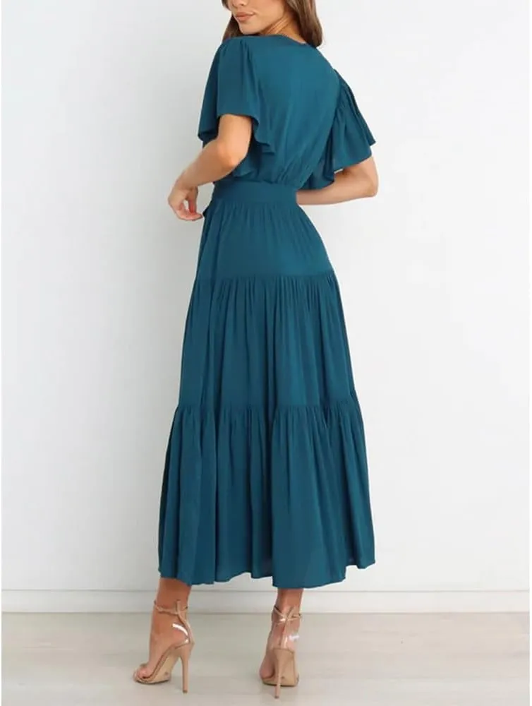 Women's Summer Floral Boho Dress Wrap V Neck Short Sleeve Ruffle A Line Flowy Maxi Wedding Guest Dresses