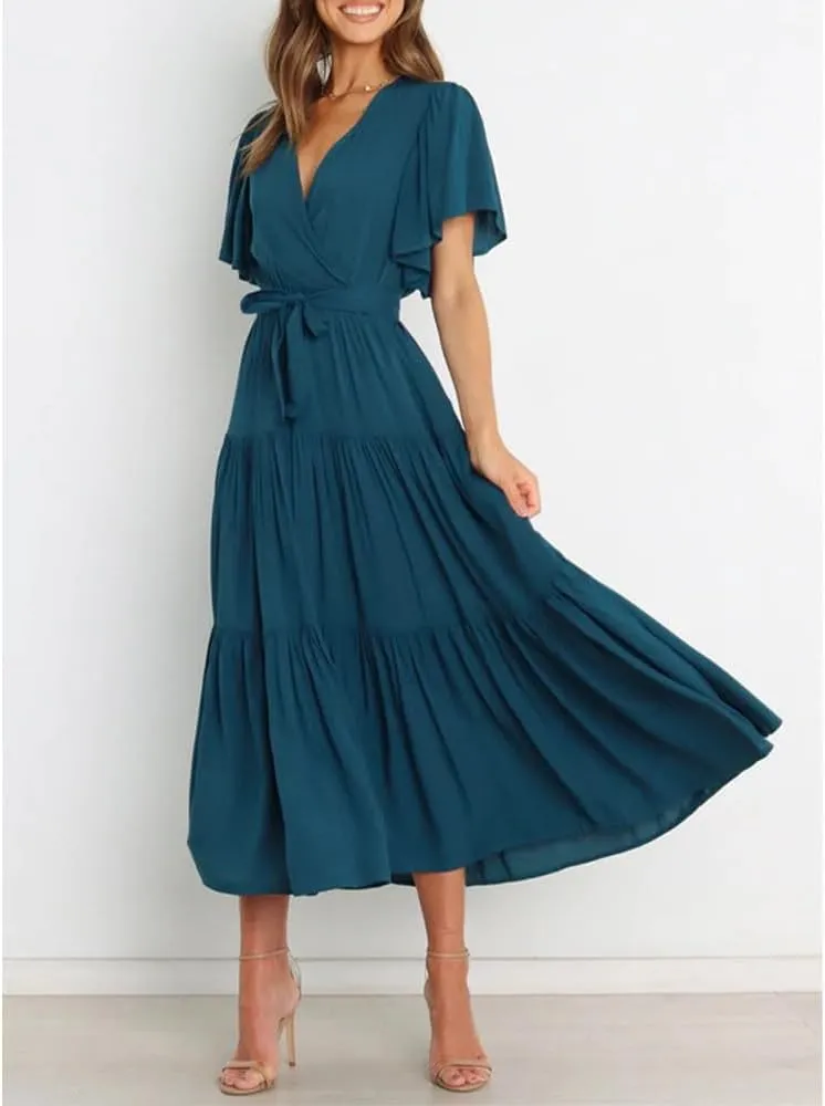 Women's Summer Floral Boho Dress Wrap V Neck Short Sleeve Ruffle A Line Flowy Maxi Wedding Guest Dresses