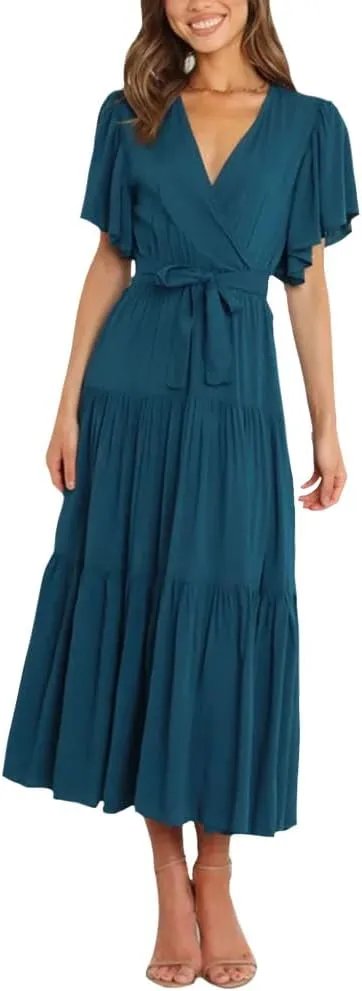 Women's Summer Floral Boho Dress Wrap V Neck Short Sleeve Ruffle A Line Flowy Maxi Wedding Guest Dresses
