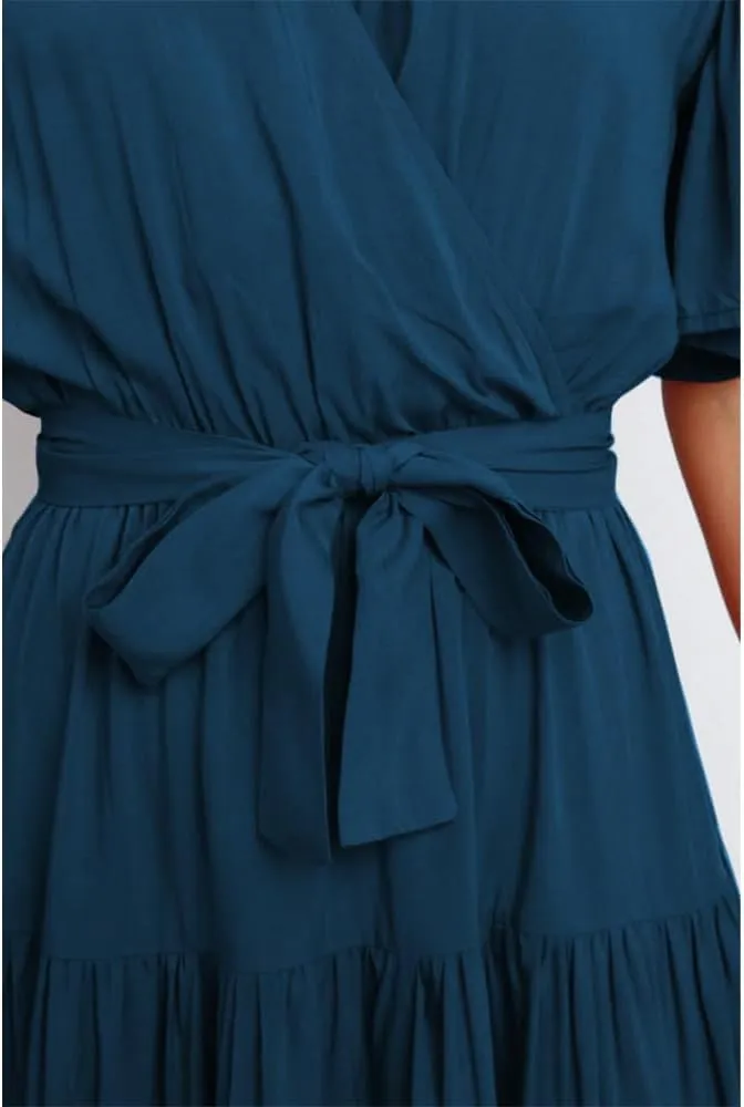 Women's Summer Floral Boho Dress Wrap V Neck Short Sleeve Ruffle A Line Flowy Maxi Wedding Guest Dresses