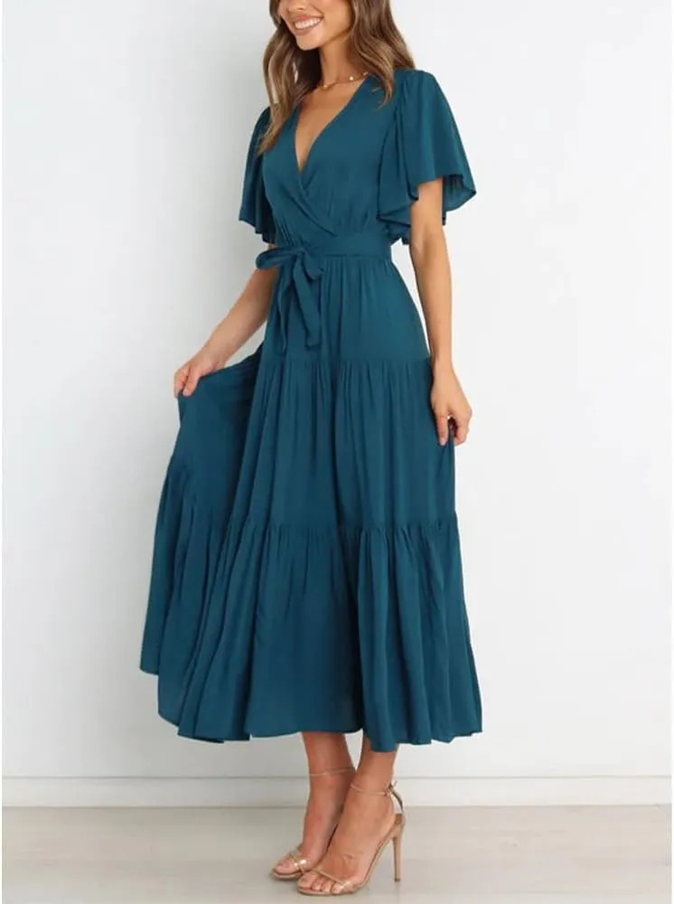 Women's Summer Floral Boho Dress Wrap V Neck Short Sleeve Ruffle A Line Flowy Maxi Wedding Guest Dresses