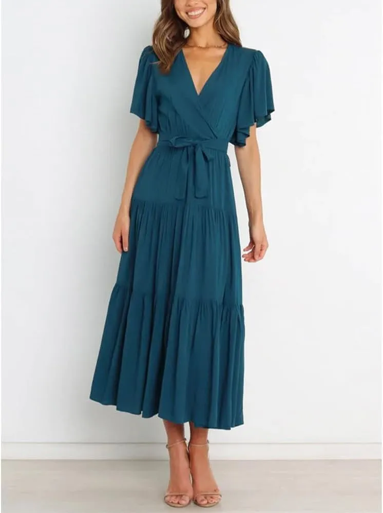 Women's Summer Floral Boho Dress Wrap V Neck Short Sleeve Ruffle A Line Flowy Maxi Wedding Guest Dresses