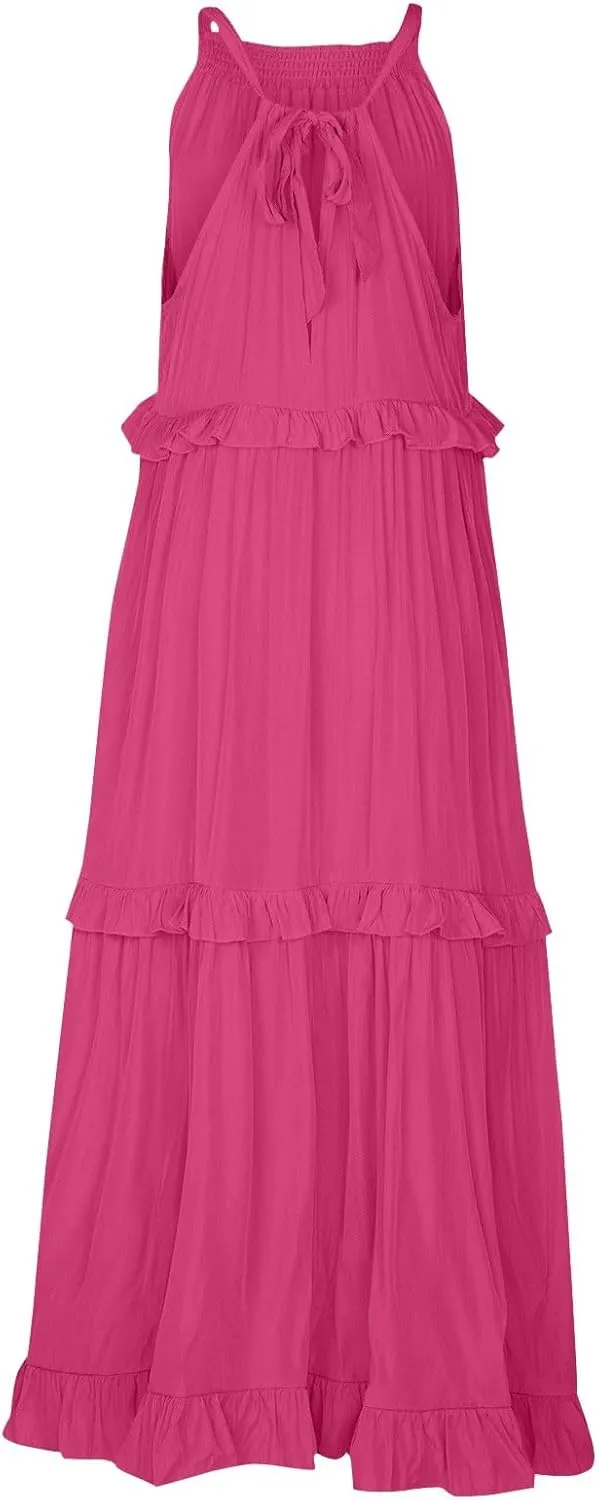Womens Summer Sleeveless Dress Halter Tie Back Loose Flowy Ruffle Tiered Maxi Dress Beach Swing Long Dresses Sundress