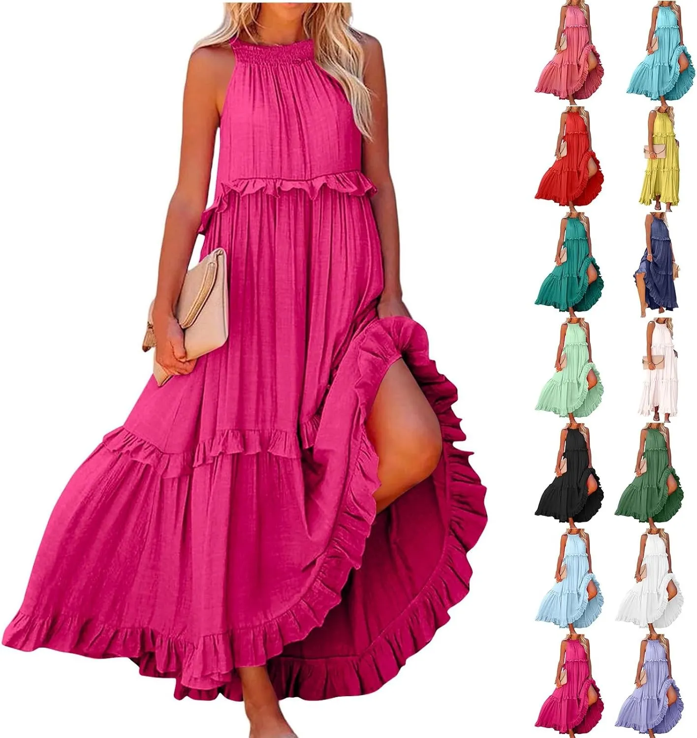 Womens Summer Sleeveless Dress Halter Tie Back Loose Flowy Ruffle Tiered Maxi Dress Beach Swing Long Dresses Sundress