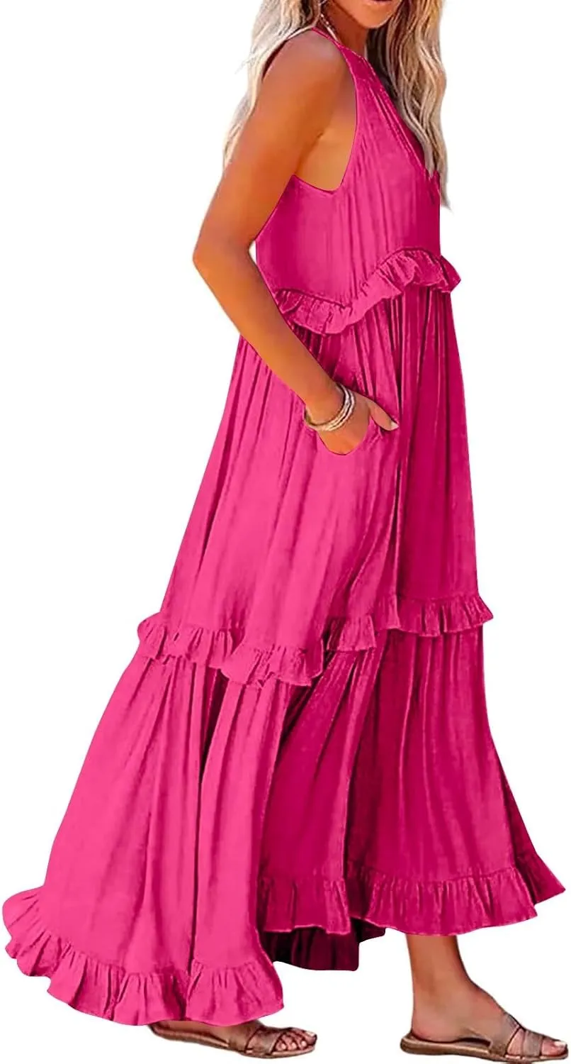 Womens Summer Sleeveless Dress Halter Tie Back Loose Flowy Ruffle Tiered Maxi Dress Beach Swing Long Dresses Sundress