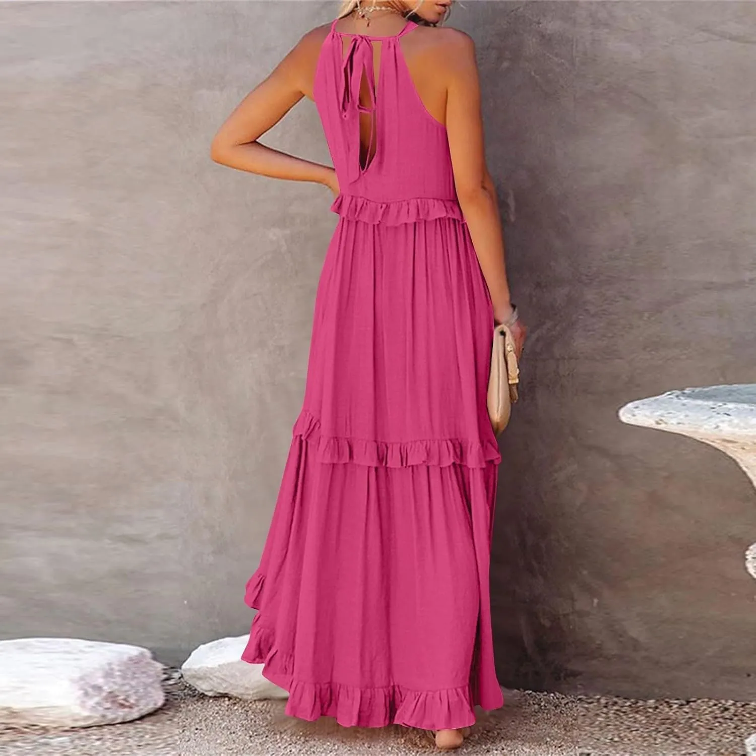 Womens Summer Sleeveless Dress Halter Tie Back Loose Flowy Ruffle Tiered Maxi Dress Beach Swing Long Dresses Sundress