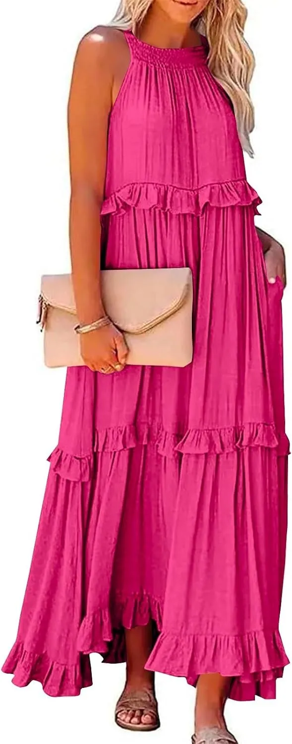 Womens Summer Sleeveless Dress Halter Tie Back Loose Flowy Ruffle Tiered Maxi Dress Beach Swing Long Dresses Sundress