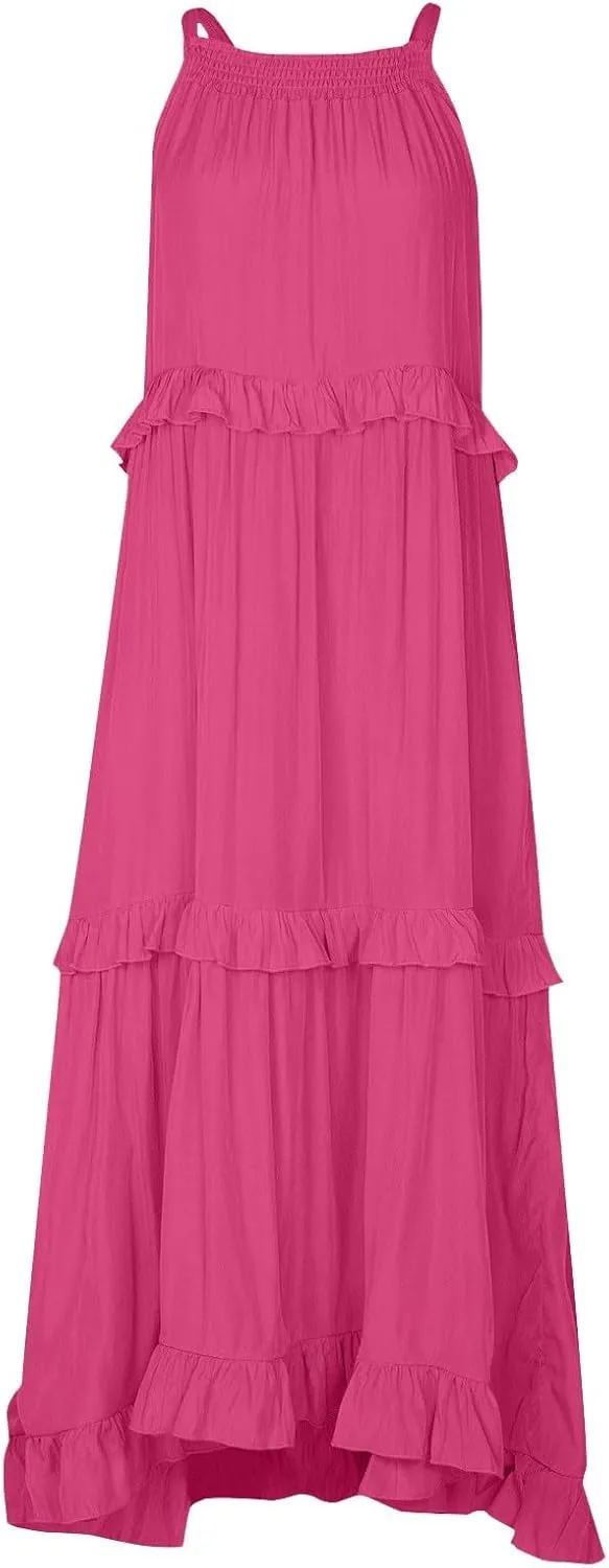 Womens Summer Sleeveless Dress Halter Tie Back Loose Flowy Ruffle Tiered Maxi Dress Beach Swing Long Dresses Sundress