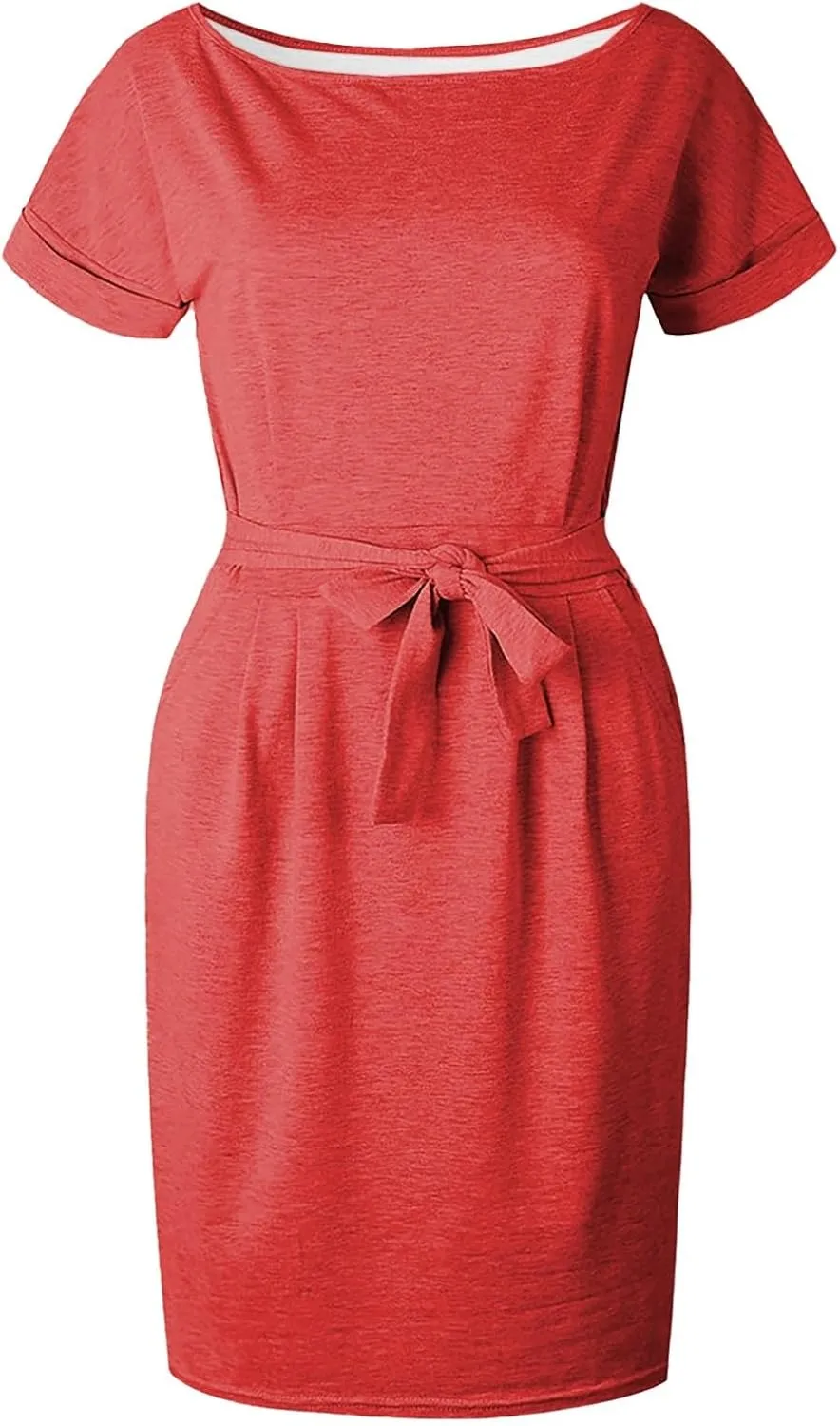Womens Summer T Shirt Dress Casual Crew Neck Short Sleeve Tie Waist Midi Dresses Ruched Bodycon Beach Dress with Pockets
