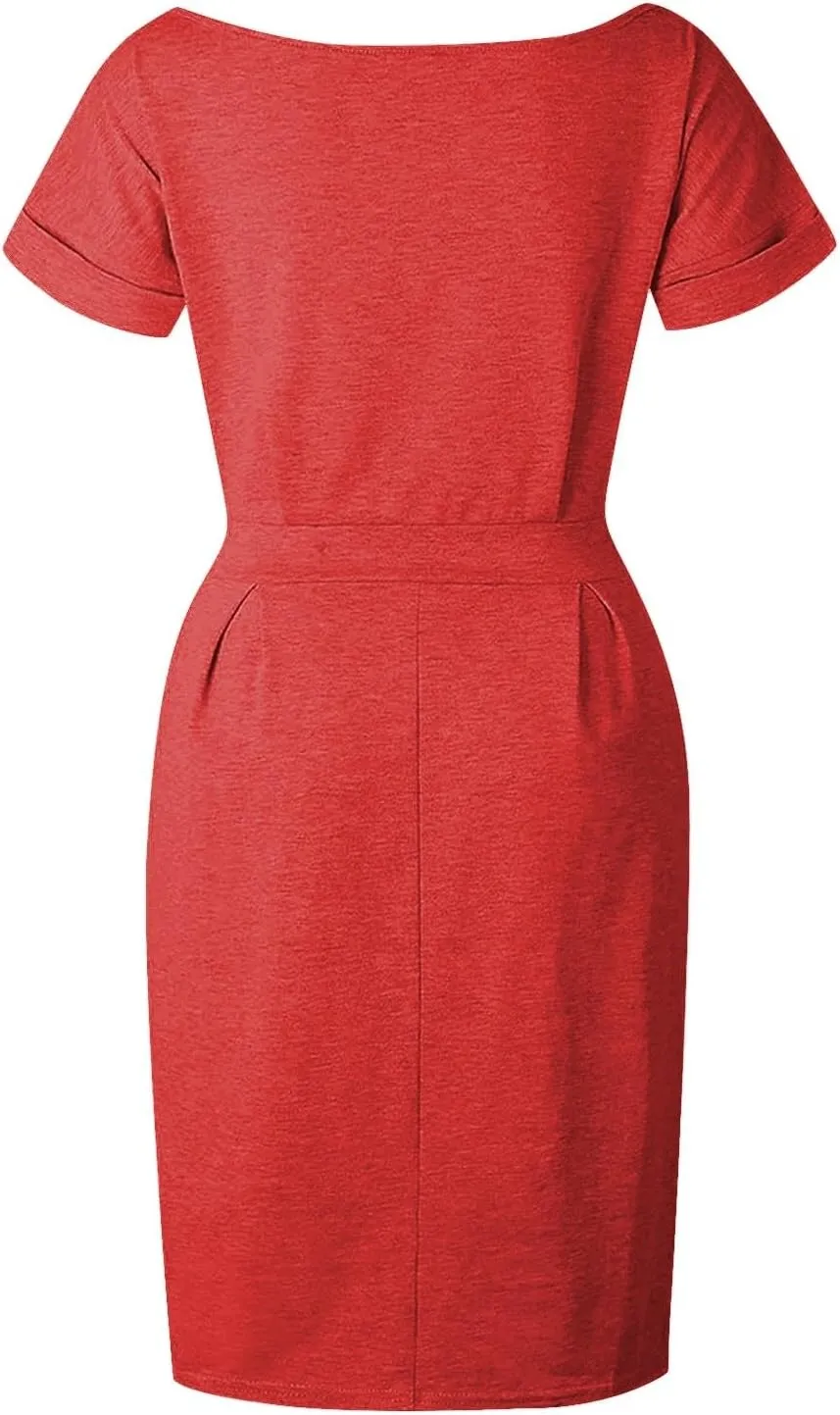 Womens Summer T Shirt Dress Casual Crew Neck Short Sleeve Tie Waist Midi Dresses Ruched Bodycon Beach Dress with Pockets