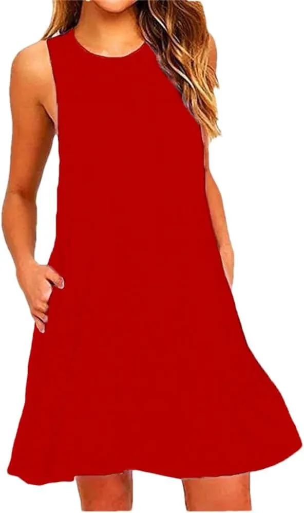 Women's Summer V Neck Loose Dresses Casual Sleeveless Solid-Color Dress with Pockets