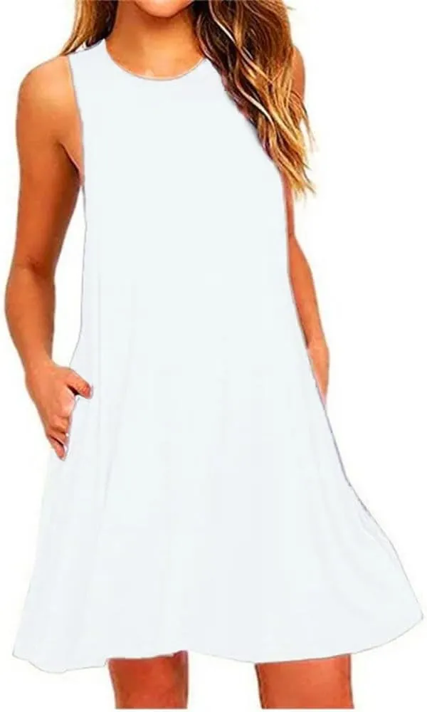Women's Summer V Neck Loose Dresses Casual Sleeveless Solid-Color Dress with Pockets