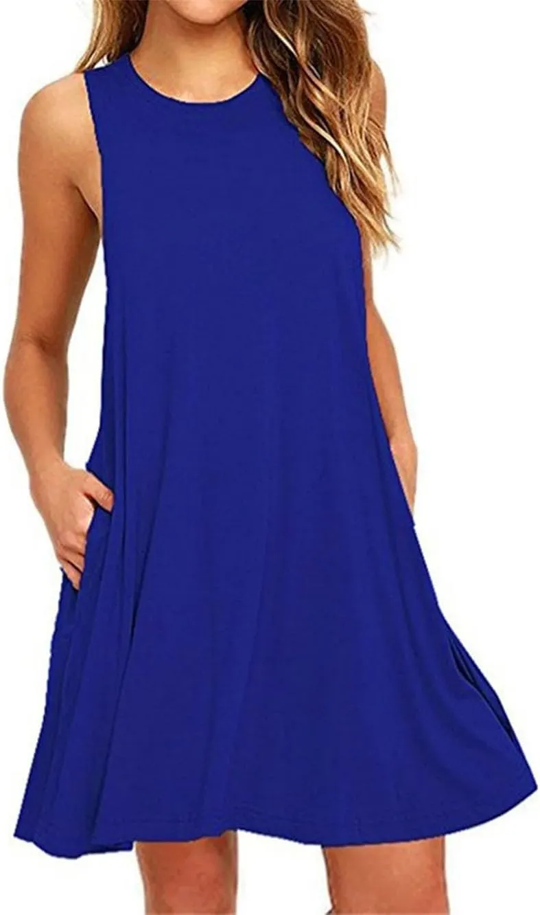 Women's Summer V Neck Loose Dresses Casual Sleeveless Solid-Color Dress with Pockets