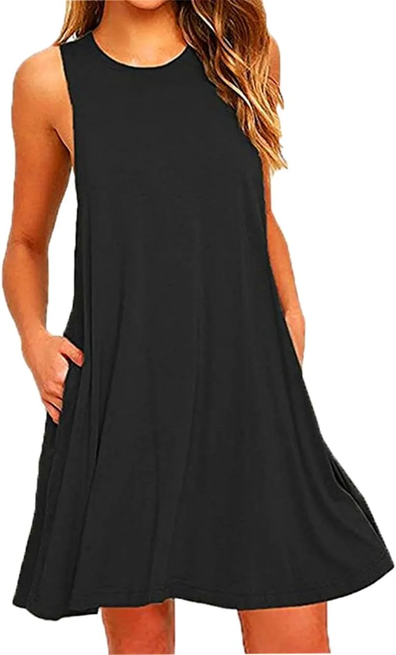 Women's Summer V Neck Loose Dresses Casual Sleeveless Solid-Color Dress with Pockets