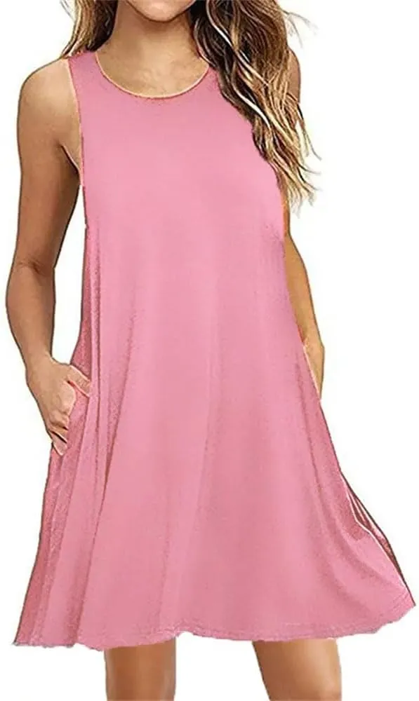 Women's Summer V Neck Loose Dresses Casual Sleeveless Solid-Color Dress with Pockets