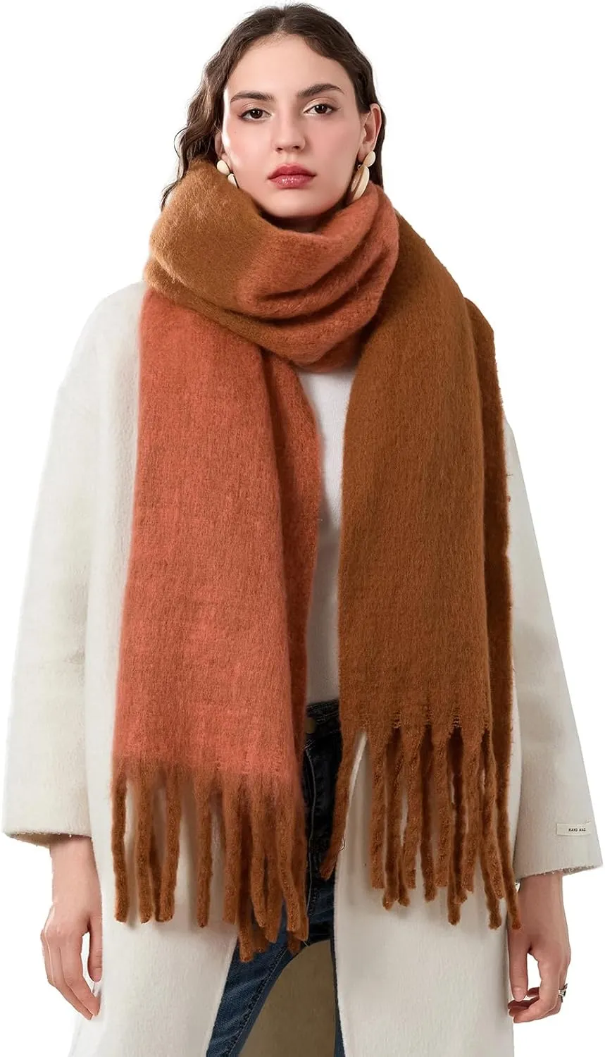 Yoawdats Women Winter Warm Scarf Elegant Contrast Color Tasseled Shawl Wrap Long Stoles Oversized Soft Scarves Fall Gifts