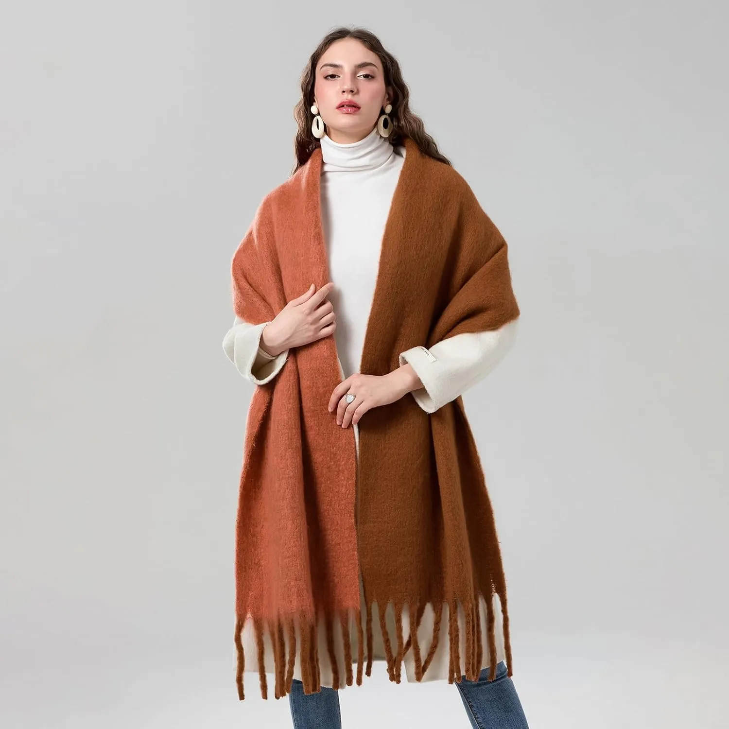 Yoawdats Women Winter Warm Scarf Elegant Contrast Color Tasseled Shawl Wrap Long Stoles Oversized Soft Scarves Fall Gifts