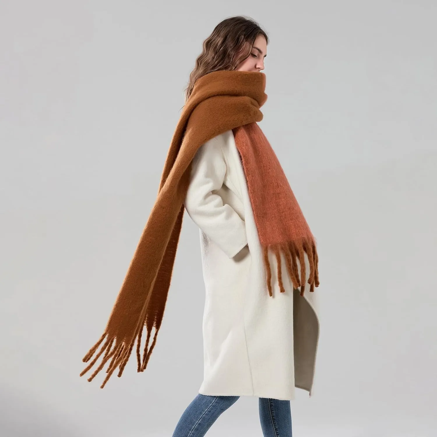 Yoawdats Women Winter Warm Scarf Elegant Contrast Color Tasseled Shawl Wrap Long Stoles Oversized Soft Scarves Fall Gifts