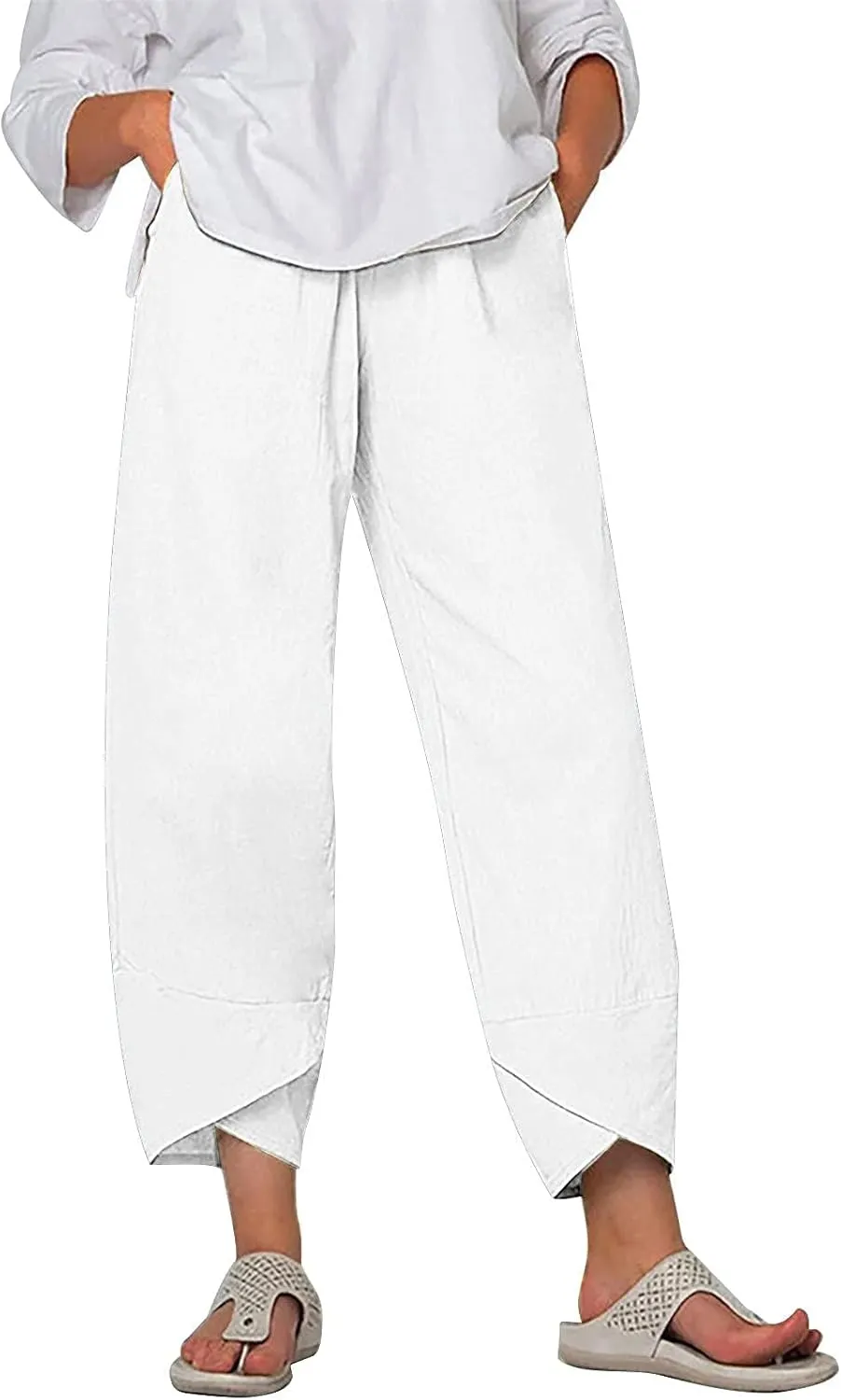 ZOCAVIA Women's Cotton Linen Casual Summer Capri Pants Cropped Comfy Baggy Trousers with Pockets Palazzo Lounge Pants